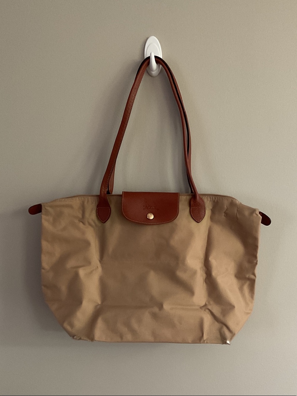 Longchamp Le Pliage Medium Shoulder Tote Bag Beige/Tan Nylon Leather Trim